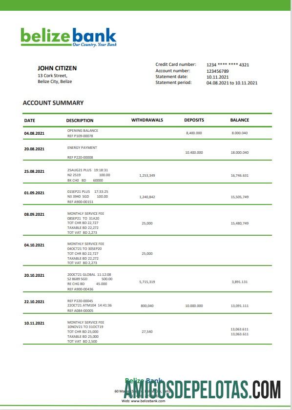 Modelo de extrato bancário de Belize em branco em formato Word e PDF, totalmente editável