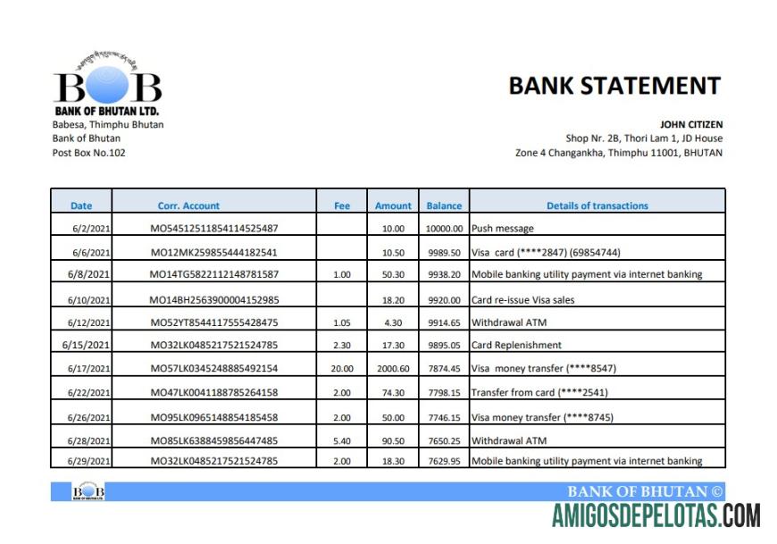 Extrato bancário do Banco do Butão para impressão, modelo fácil de preencher em formato Excel e PDF