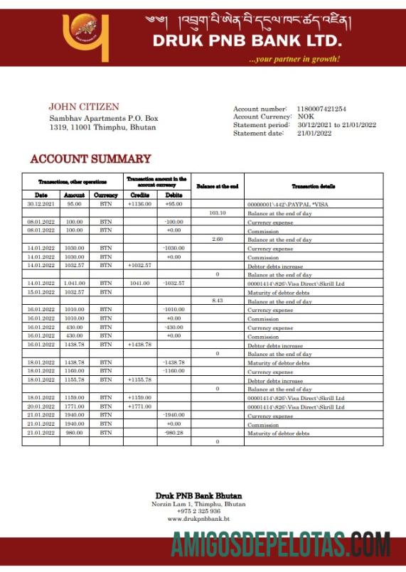 Bhutan Druk PNB extrato bancário amostra