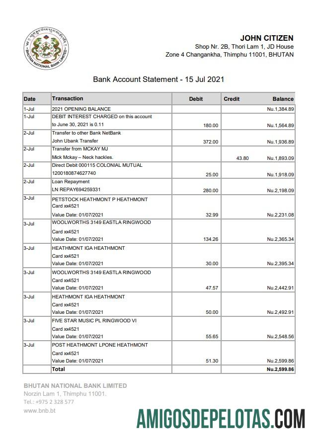 Extrato bancário nacional do Butão para download, modelo fácil de preencher em formato Excel e PDF