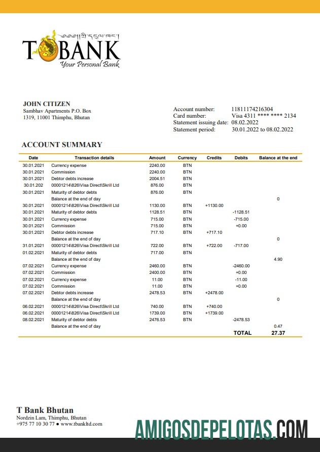 Exemplo de extrato bancário do Butão T