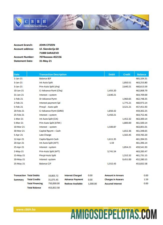 Extrato do Banco Central da Bósnia e Herzegovina em branco Modelo fácil de preencher em formato Excel e PDF (AutoSum)