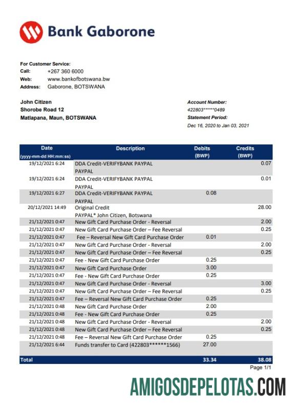 Modelo realista de extrato bancário do Botswana Bank Gaborone em formato Excel e PDF
