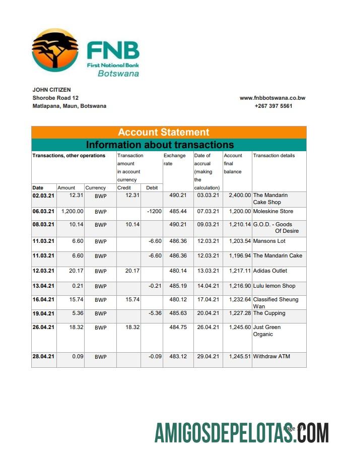 modelo de extrato bancário do Botswana FNB do Botswana em formato de arquivo .xls e .pdf