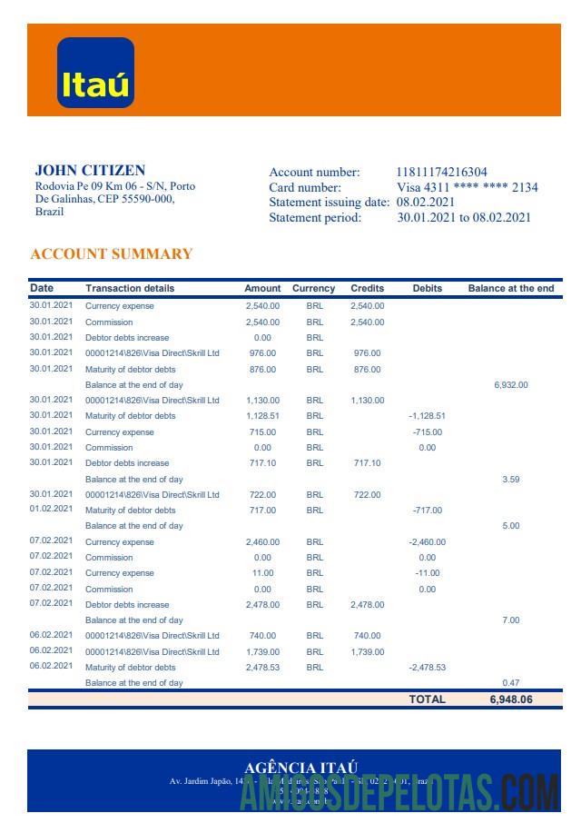 Modelo de extrato bancário Brasil Itaú em branco em formato Excel e PDF