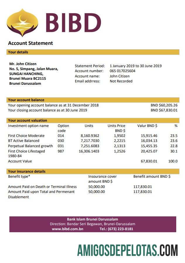 em branco Brunei Bank Islam Brunei Darussalam modelo de extrato bancário em formato Word e PDF