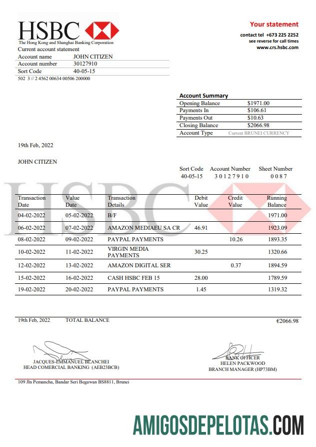 Exemplo de extrato bancário HSBC de Brunei