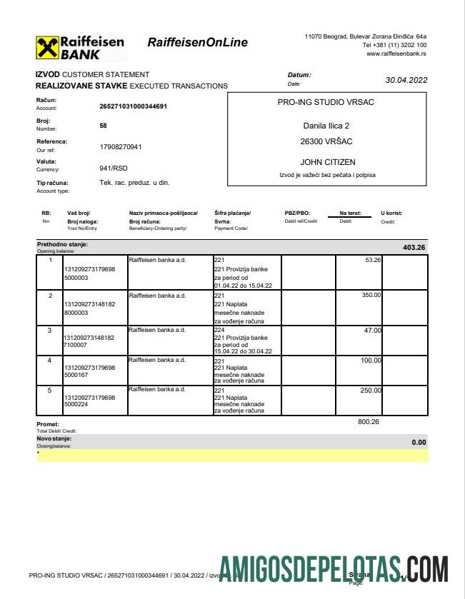 Modelo de extrato bancário Raiffeisen da Bulgária versão 2