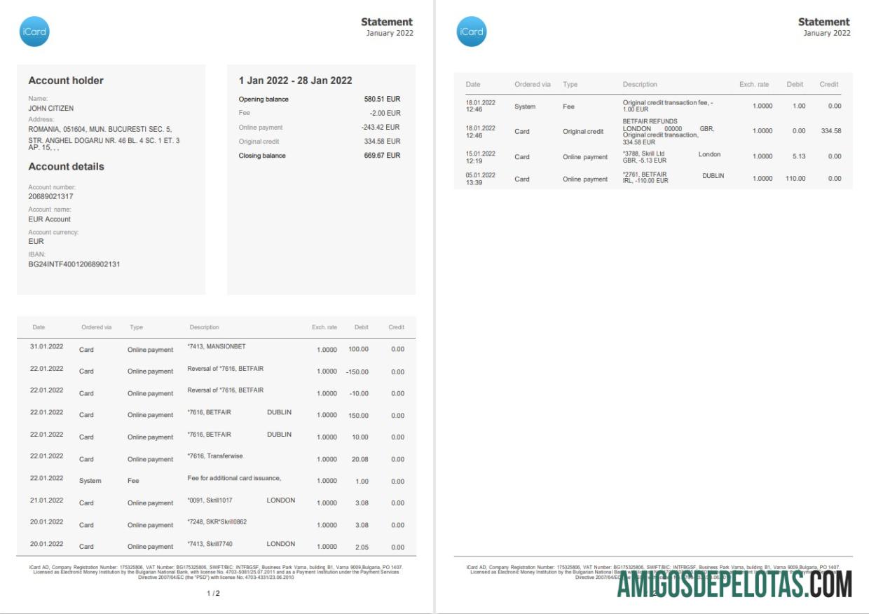 Exemplo de extrato de cartão da Bulgária com 2 páginas