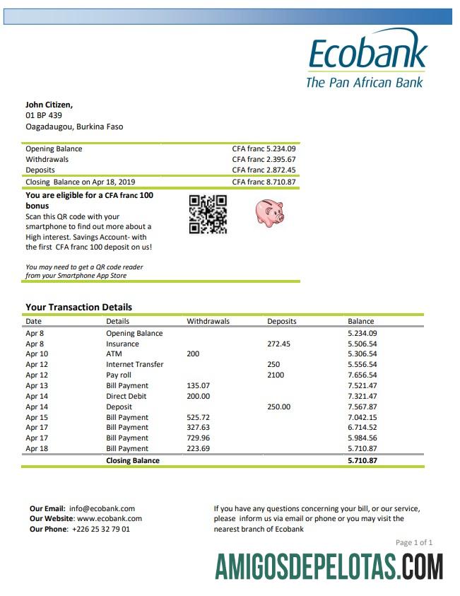 Burkina Faso Ecobank extrato bancário amostra