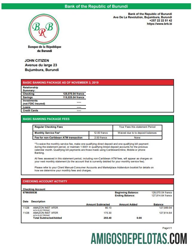 Modelo de extrato bancário do Banco do Burundi da República do Burundi