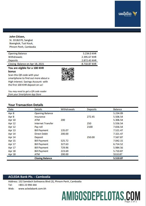 Modelo realista de extrato bancário Acleda do Camboja em Word e PDF