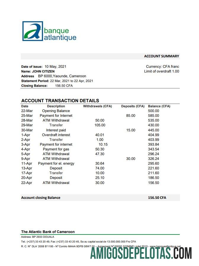 Exemplo de Excel do Camarões Atlantic Bank