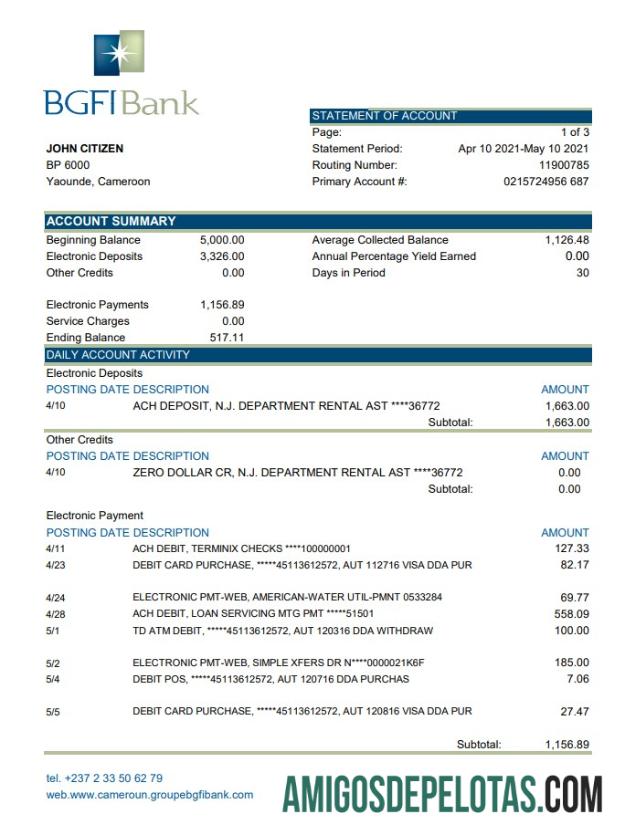 Extrato bancário BGFI realista dos Camarões, modelo fácil de preencher em formato Excel e PDF