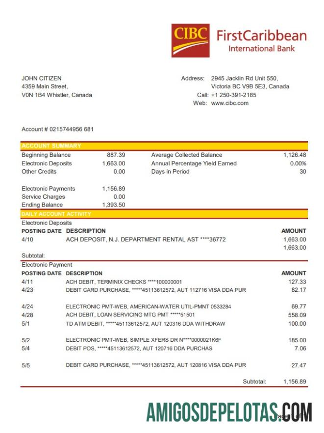 Canada CIBC Bank Excel Pdf amostra