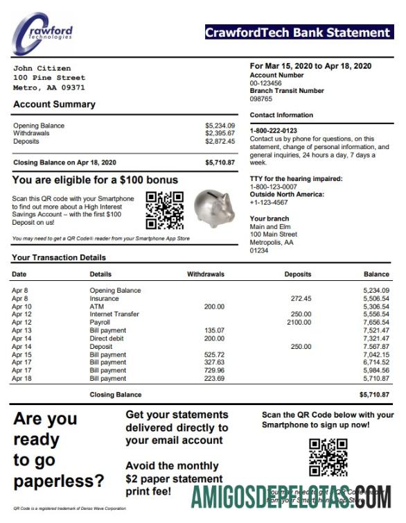 Exemplo de extrato bancário CrawfordTech do Canadá