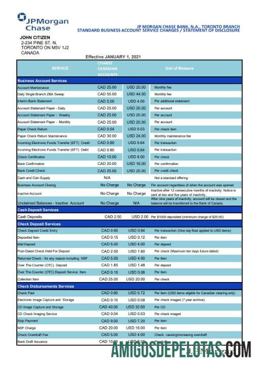 em branco Canadá JP Morgan Chase Comprovante de endereço Modelo de extrato bancário em formato Excel e PDF (AutoSum)