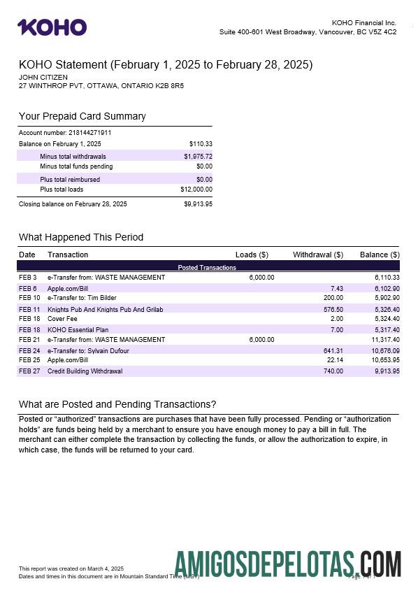 Modelo de Demonstrativo Incorporado do Canadá KOHO Financial Incorporated para download em formatos Word e PDF