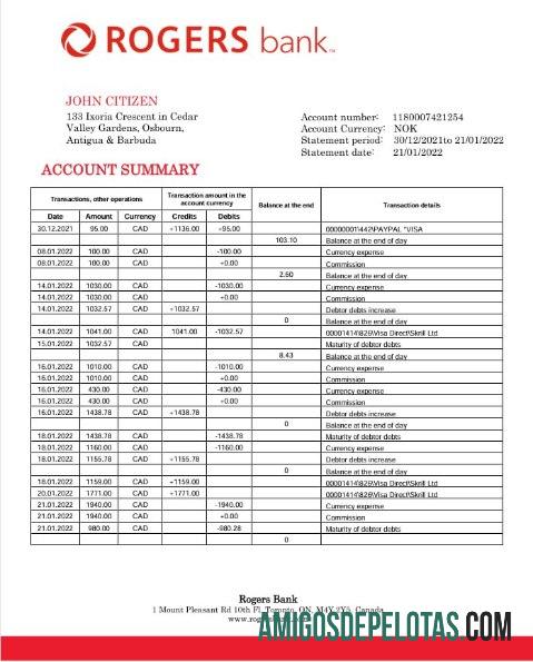 Canada Rogers extrato bancário amostra