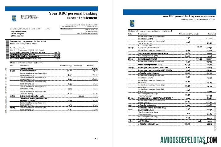 em branco Canadá Royal Bank Of Canada (RBC) Modelo de extrato bancário em formato de arquivo .xls e .pdf (4 páginas) (AutoSum)