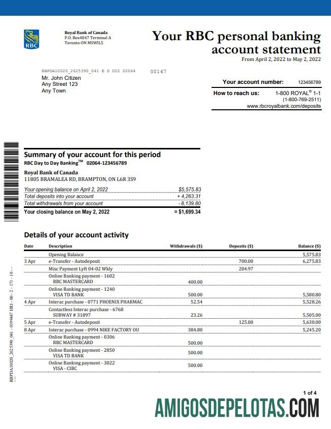 Extrato bancário realista do Royal Bank Of Canada (RBC) do Canadá, modelo Word e PDF, 4 páginas, versão 2