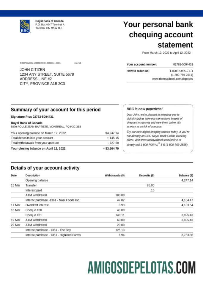 Extrato bancário realista do Canada Royal Bank Of Canada (RBC), modelo Word e PDF, versão 3