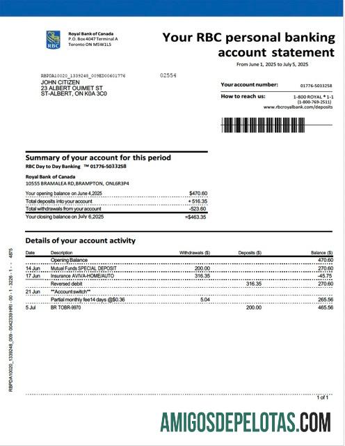 em branco Canadá Royal Bank Of Canada Extrato de conta modelo Word e PDF