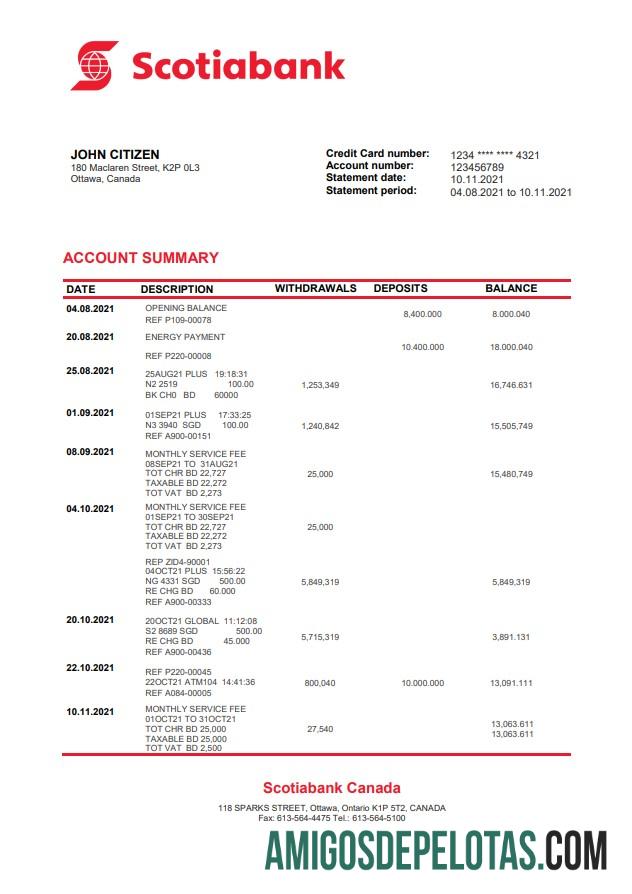 Canada Scotiabank extrato bancário amostra