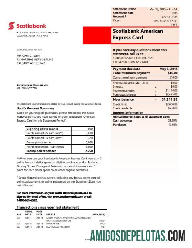 Canada Scotiamodelo de extrato bancário