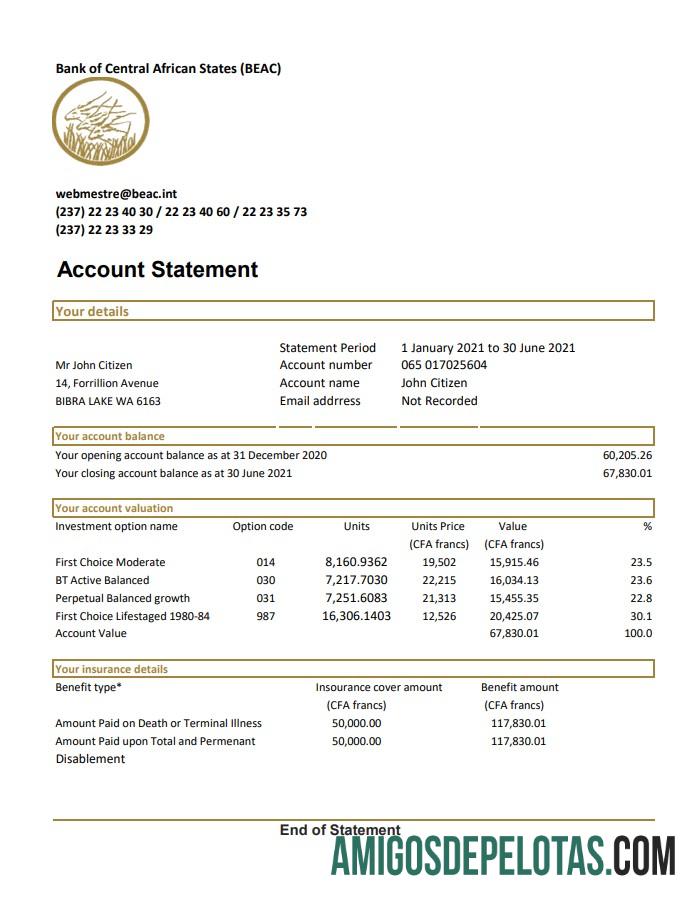 imprimível República Centro-Africana Banco dos Estados da África Central Extrato bancário BEAC Modelo fácil de preencher em formato de arquivo .xls e .pdf (AutoSum)