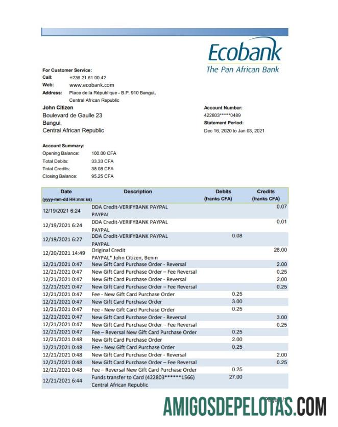 Extrato bancário do Ecobank da República Centro-Africana em branco Modelo fácil de preencher em formato de arquivo .xls e .pdf (AutoSum)