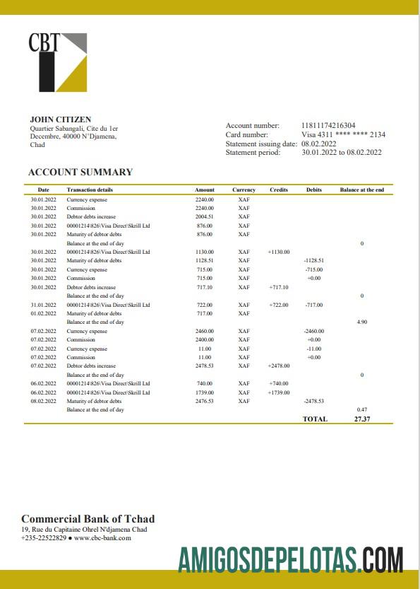 Modelo de extrato bancário do Chad Commercial Bank Of Tchad para download em formato Word e PDF