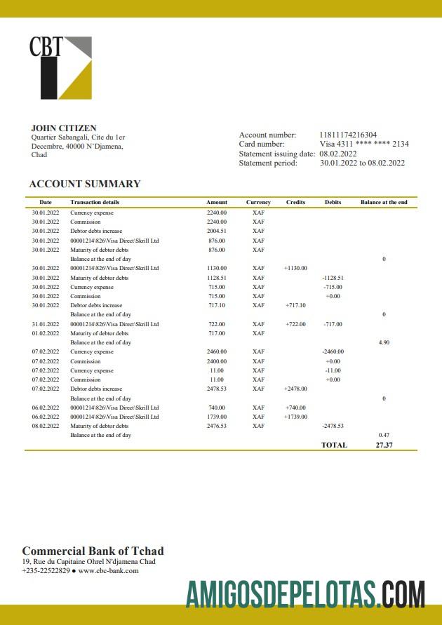 Exemplo de extrato bancário do Chad Commercial Bank Of Tchad