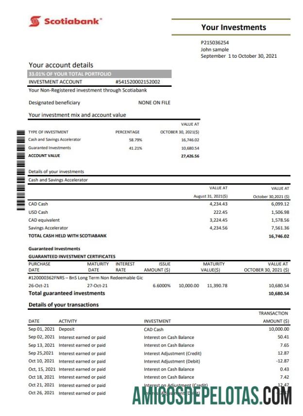 Extrato bancário do Chile Scotiabank para download, modelo fácil de preencher em formato Excel e PDF