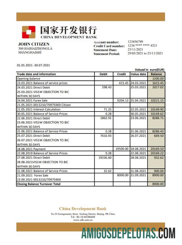 Modelo de extrato do Banco de Desenvolvimento da China para impressão em formato de arquivo .xls e .pdf