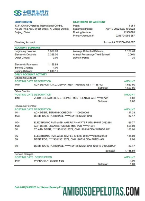 Exemplo de Extrato Bancário Minsheng da China Xls