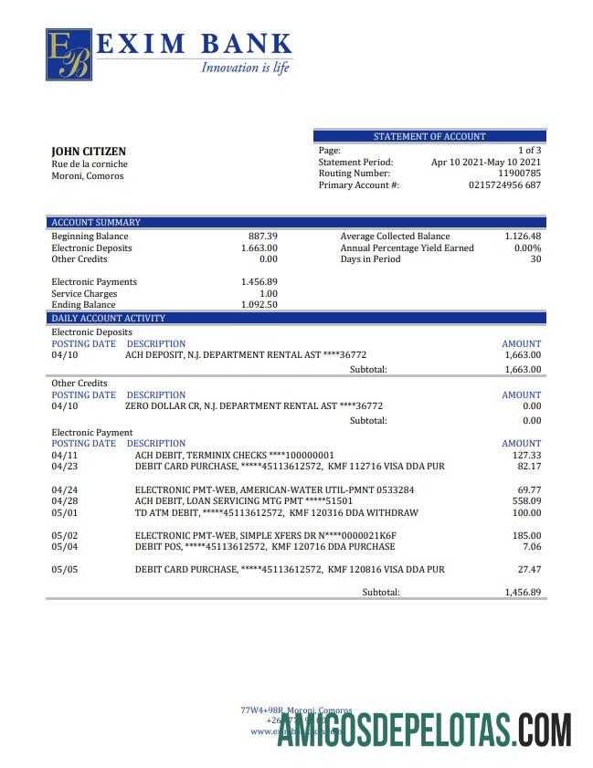 Comoros Exim extrato bancário amostra