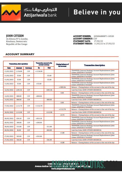 Exemplo de extrato bancário do Congo Credit Du Congo