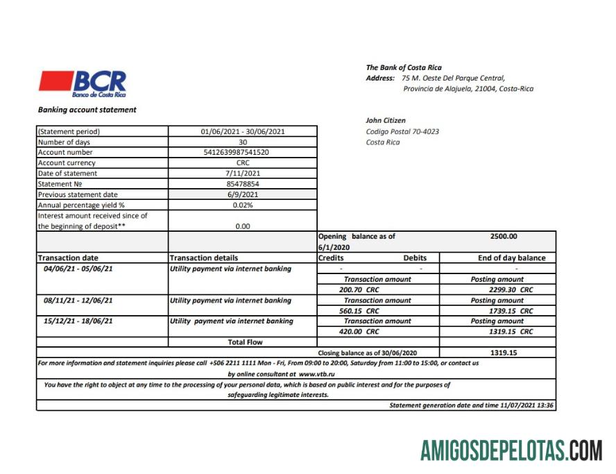 Costa Rica para impressão Extrato bancário do Banco da Costa Rica Modelo fácil de preencher em formato Excel e PDF