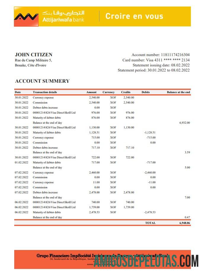 Exemplo de Extrato Bancário Attijariwafa da Costa do Marfim Xls