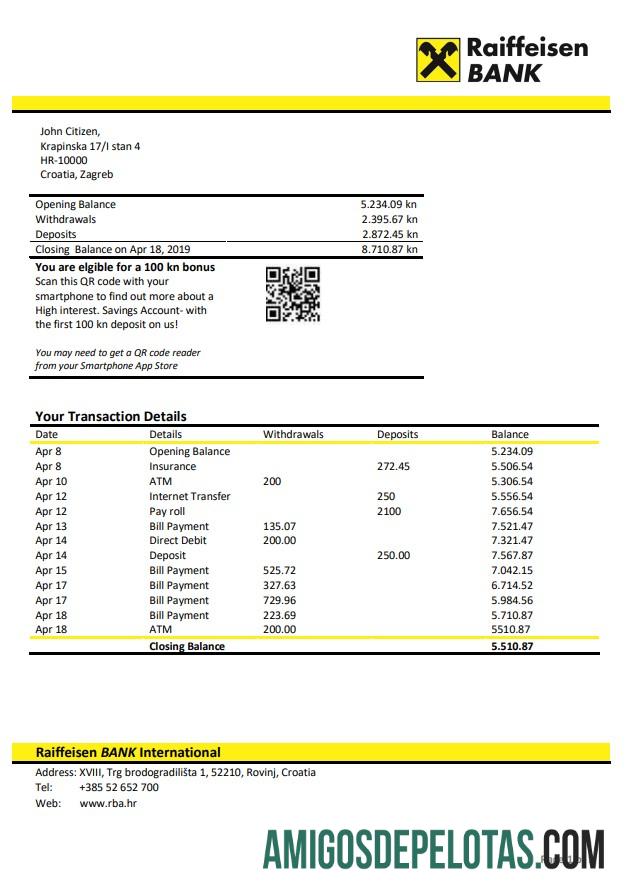 Croatia Raiffeisen modelo de extrato bancário