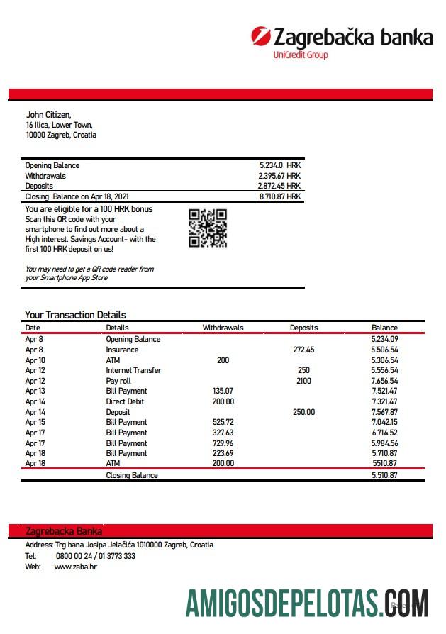 Exemplo de extrato bancário da Croácia Zagrebačka
