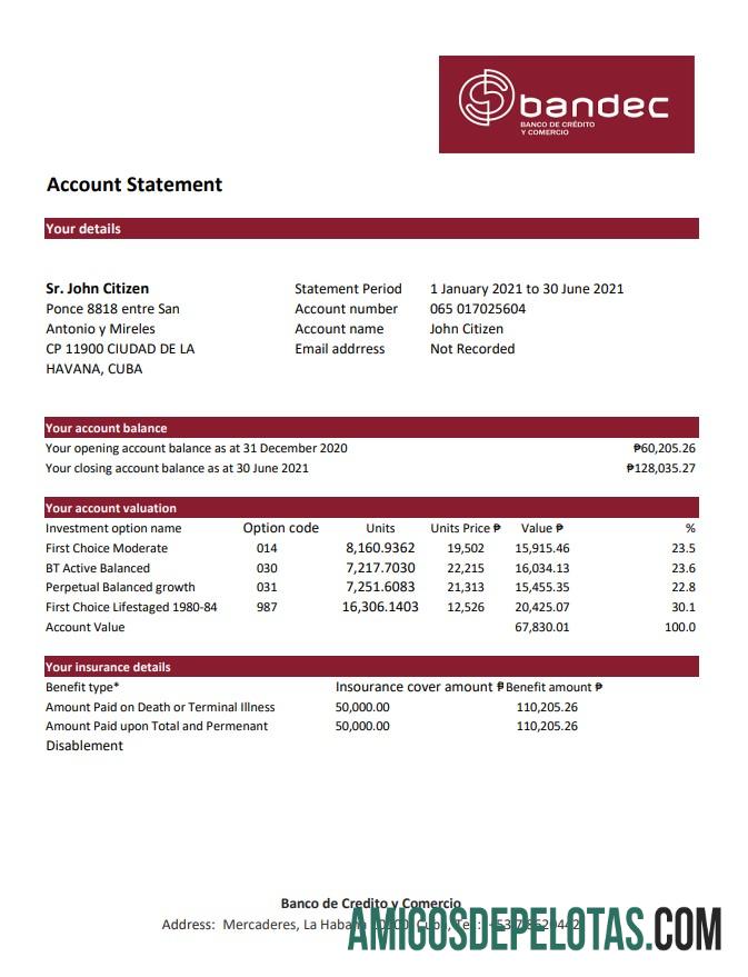 Cuba Bandec Banco De Credito Y Comercio para download Extrato bancário modelo fácil de preencher em formato de arquivo .xls e .pdf