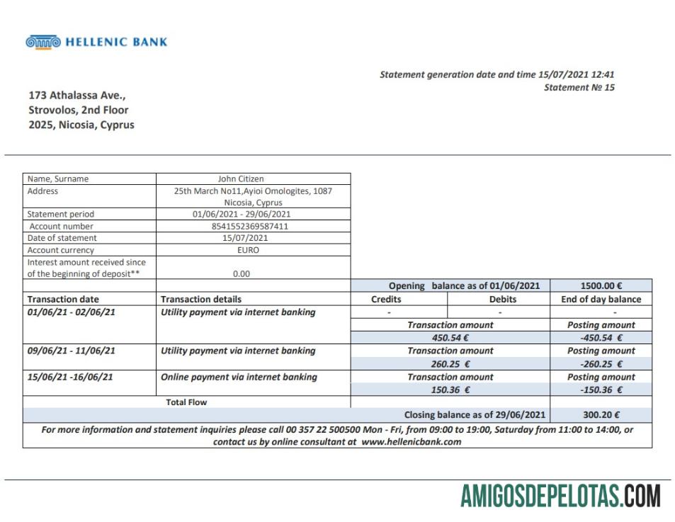Exemplo de extrato bancário helênico de Chipre