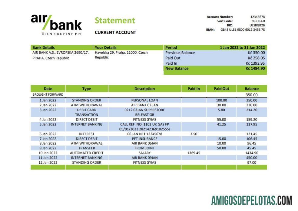 Czechia Air modelo de extrato bancário