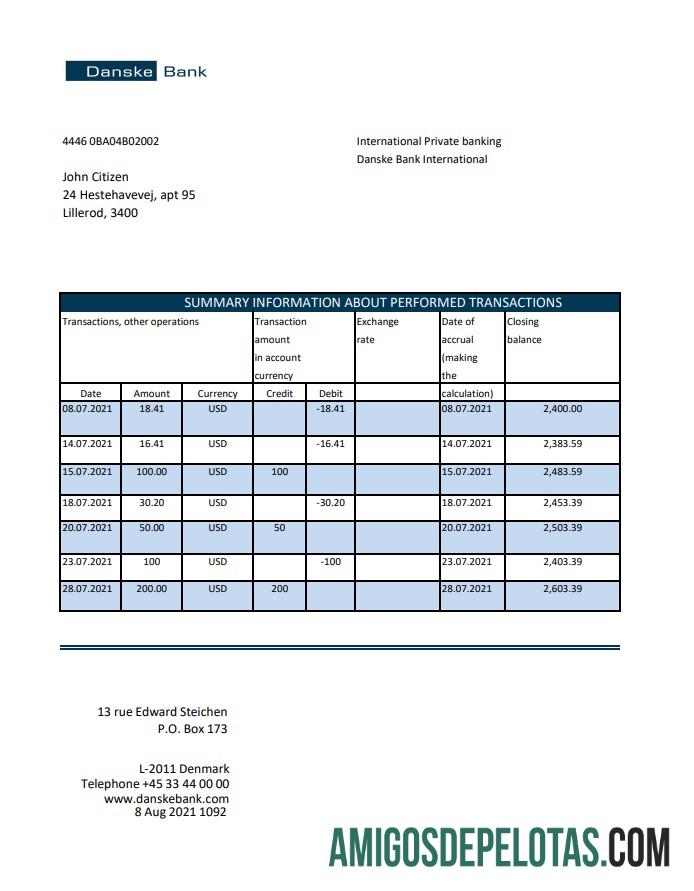 Extrato bancário da Dinamarca Danskebank para download, modelo fácil de preencher em formato Excel e PDF
