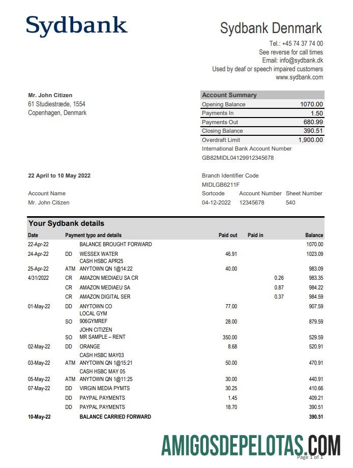 Exemplo de Extrato Xls do Sydbank da Dinamarca