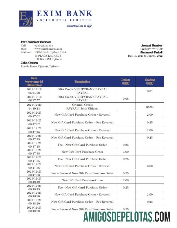 Modelo de extrato bancário Djibouti Exim para download em formato Word e PDF