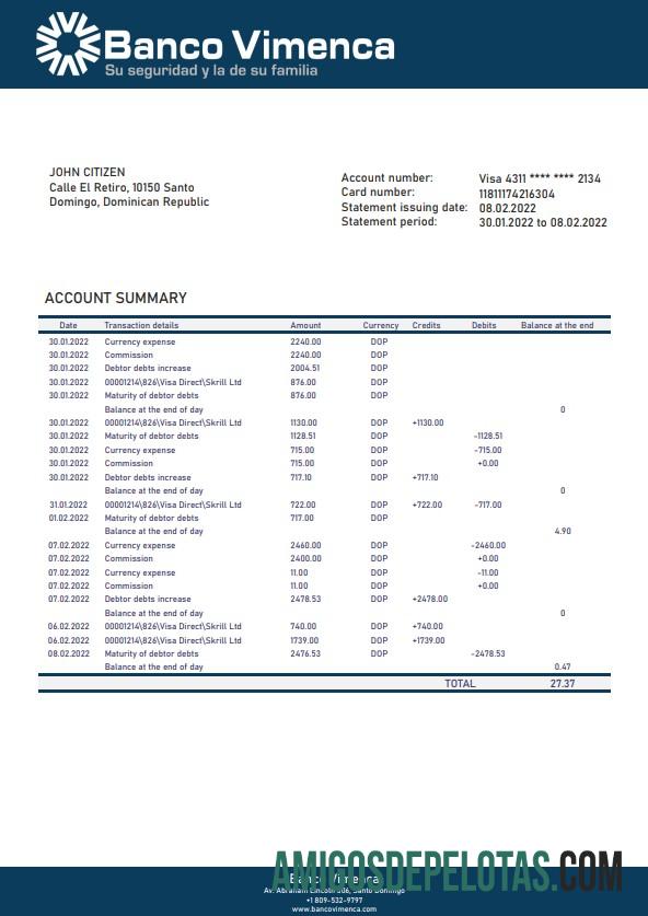 modelo realista de extrato bancário do Banco Vimenca da República Dominicana, formato Word e PDF