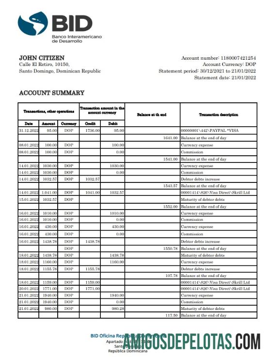 Extrato bancário de licitação da República Dominicana modelo Xls